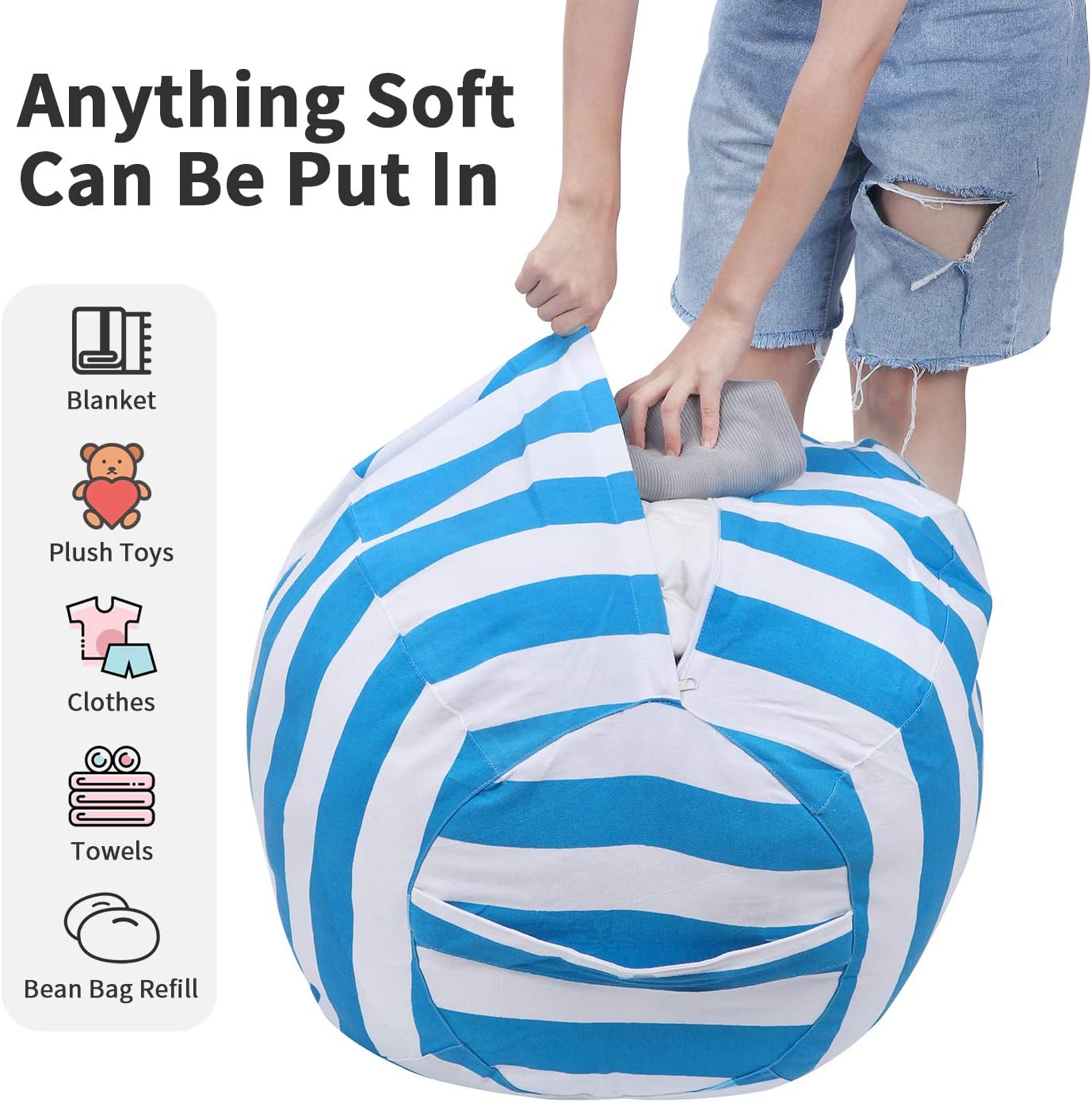 Miaowater Stuffed Animal Storage Bean Bag Chair Cover, Cotton Canvas Beanbag with Zipper for Organizing Kid's and Adults Room 24" (Blue)