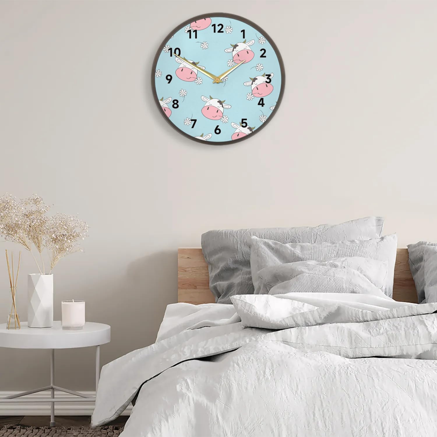 Krowy kwiatowy wzór zegar ścienny 30 cm cichy nietykający zasilany bateriami kwarcowy nowoczesny okrągły zegar analogowy do salonu biura domu sypialni kuchni łazienki szkoły