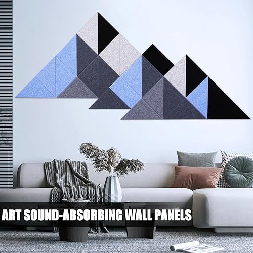Miniatura 6 de Tutmyrea Paquete de 26 paneles acústicos triangulares autoadhesivos, paneles absorbentes de sonido de 96 x 37.5 pulgadas, decoración de pared,