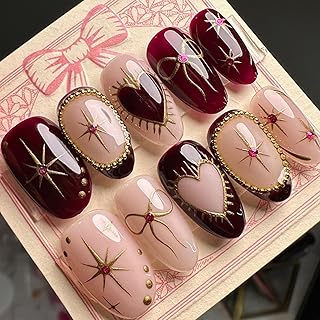 24pcs Pink Press On Nails Medium Almond Black Red Fake Nails With 3D Gem Design Reusable Full Coverage Acrylic Nails Heart Bow Star Stick On Nails for Women Daily Manicure Decoration Supplies