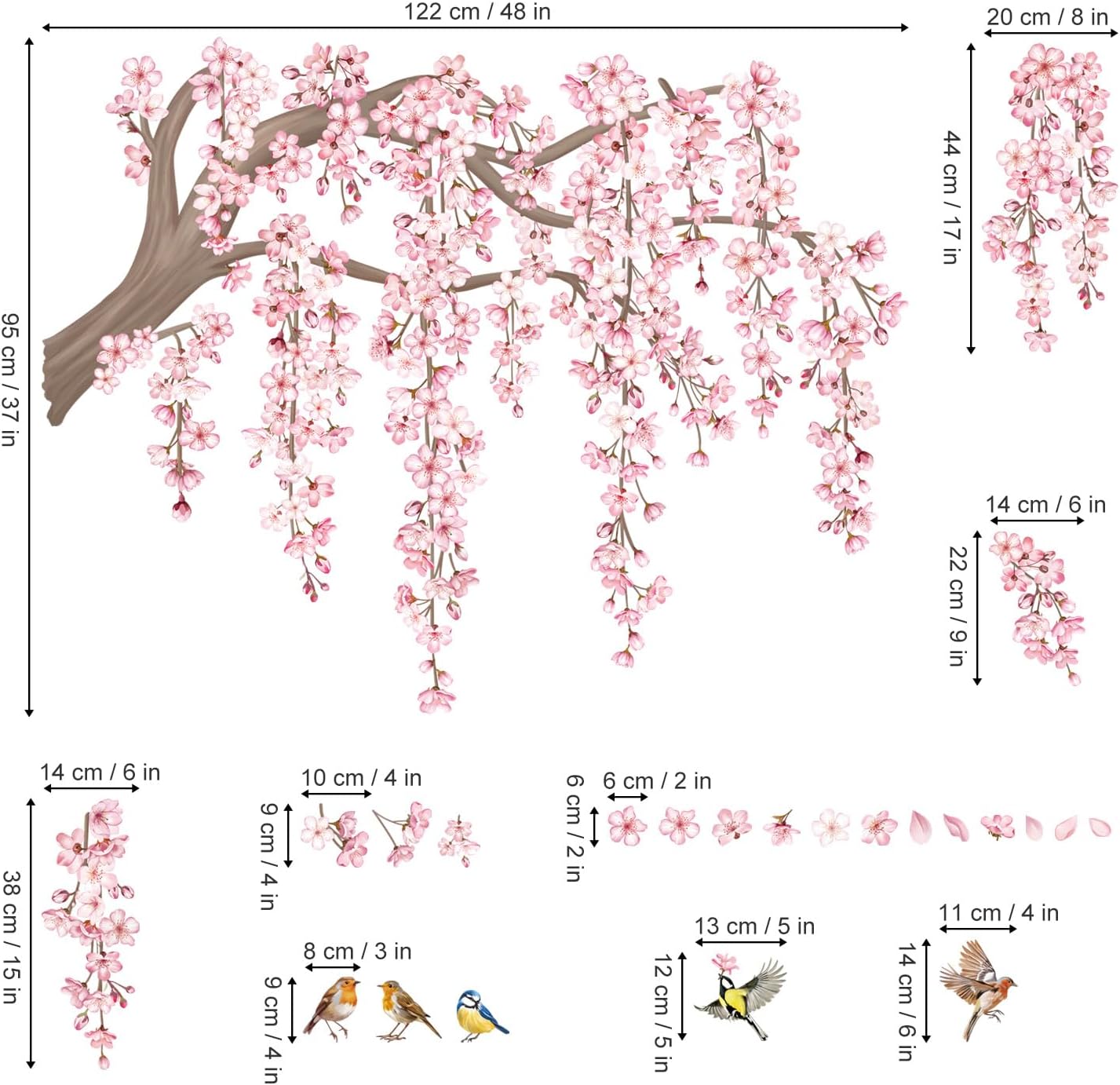 decalmile Large Pink Flower Tree Branch Wall Decals Cherry Blossom Tree Floral Birds Wall Stickers Living Room Bedroom Tv Background Wall Decor
