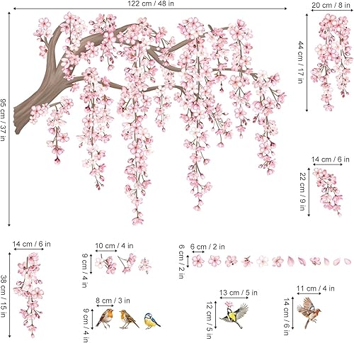 Miniatura 4 de decalmile Calcomanías de pared grandes de ramas de árbol de flores rosadas, diseño de cerezo en flor, pájaros, calcomanías de pared para sala de