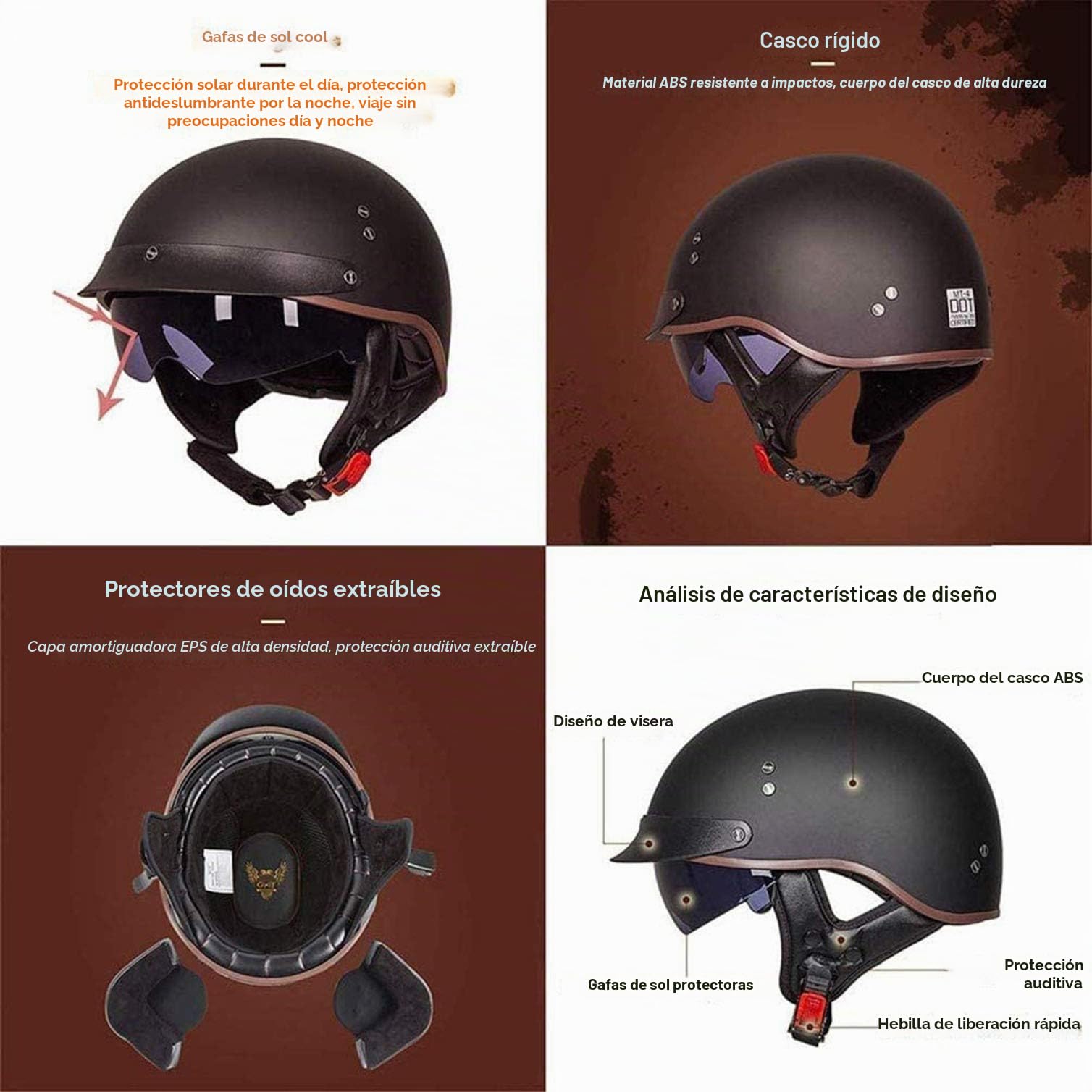 Casco de Moto Medio Abierto Estilo Retro Casco Moto Jet con Visera Casco de Motocicleta Casco Medio Certificado ECE Para Hombres Y Mujeres Adultos Half-Helme D,L