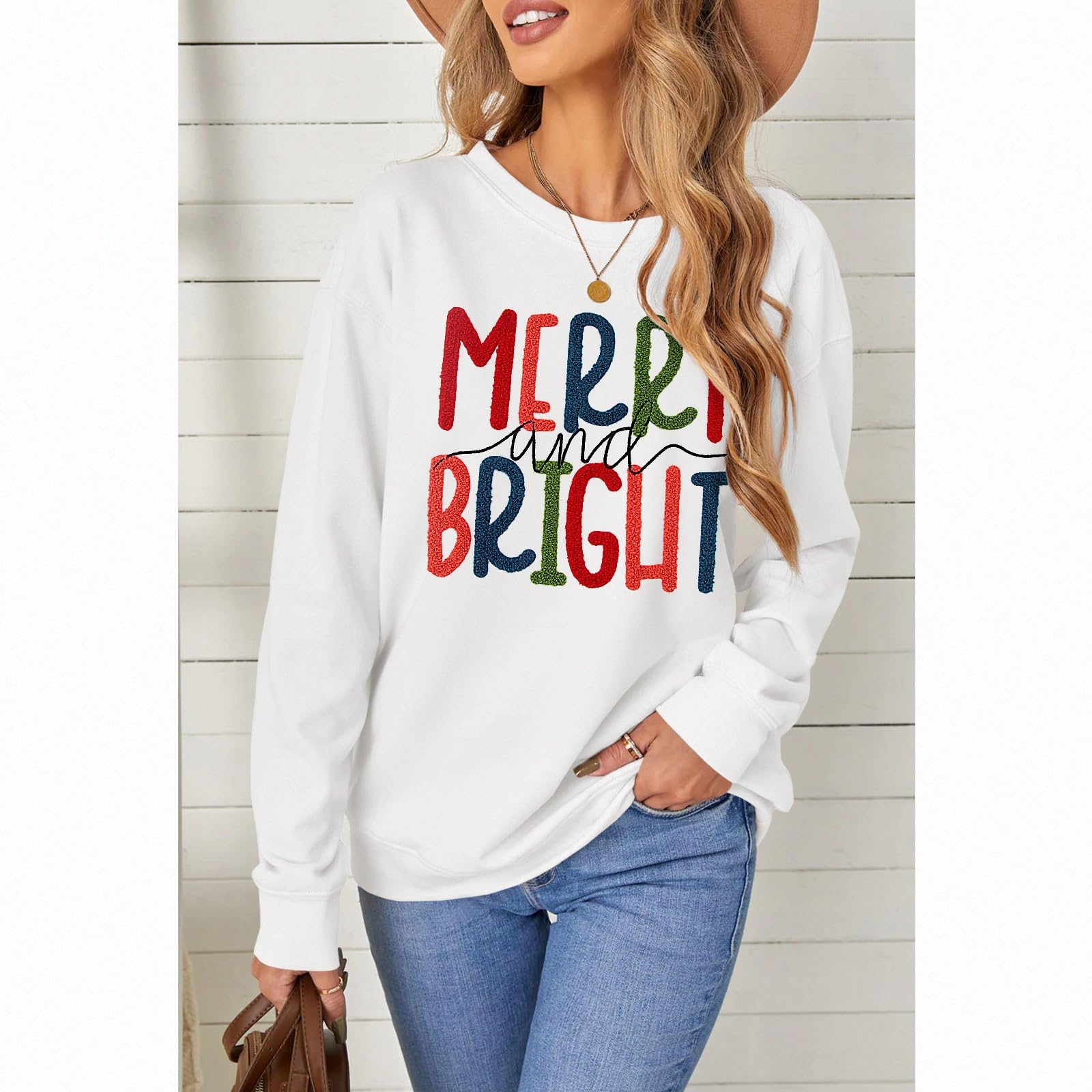 MODNTOGA Merry and Bright Sudadera de cuello redondo para mujer, suéter de Feliz Navidad, con parche retro con purpurina, camiseta de Feliz Navidad
