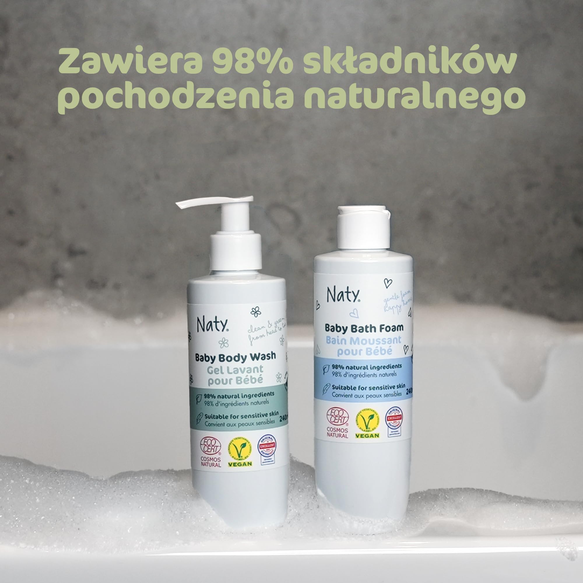 Naty Baby Foam Wash 240ml – Bez Łez, Bezzapachowy, 98% Pochodzenia Naturalnego, Wegański, Certyfikowany COSMOS Natural, Przetestowany dla Skóry Wrażliwej, Bez SLS, Pieniący się Środek Myjący