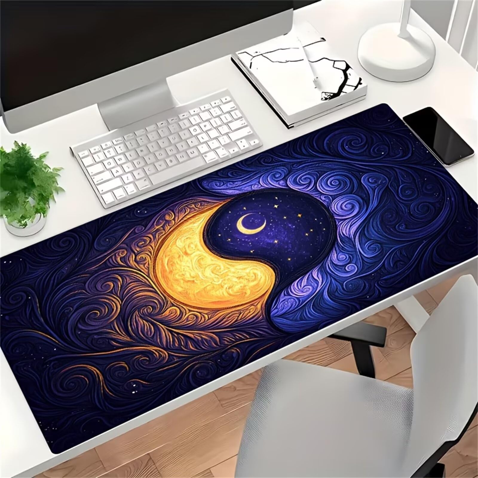 Tappetino per Mouse da Gioco XXL 1200x600x3 mm, Desk Pad Grande con Bordi Cuciti, Base in Gomma Antiscivolo, Accessorio per Ufficio e PC (Luna Yin Yang)