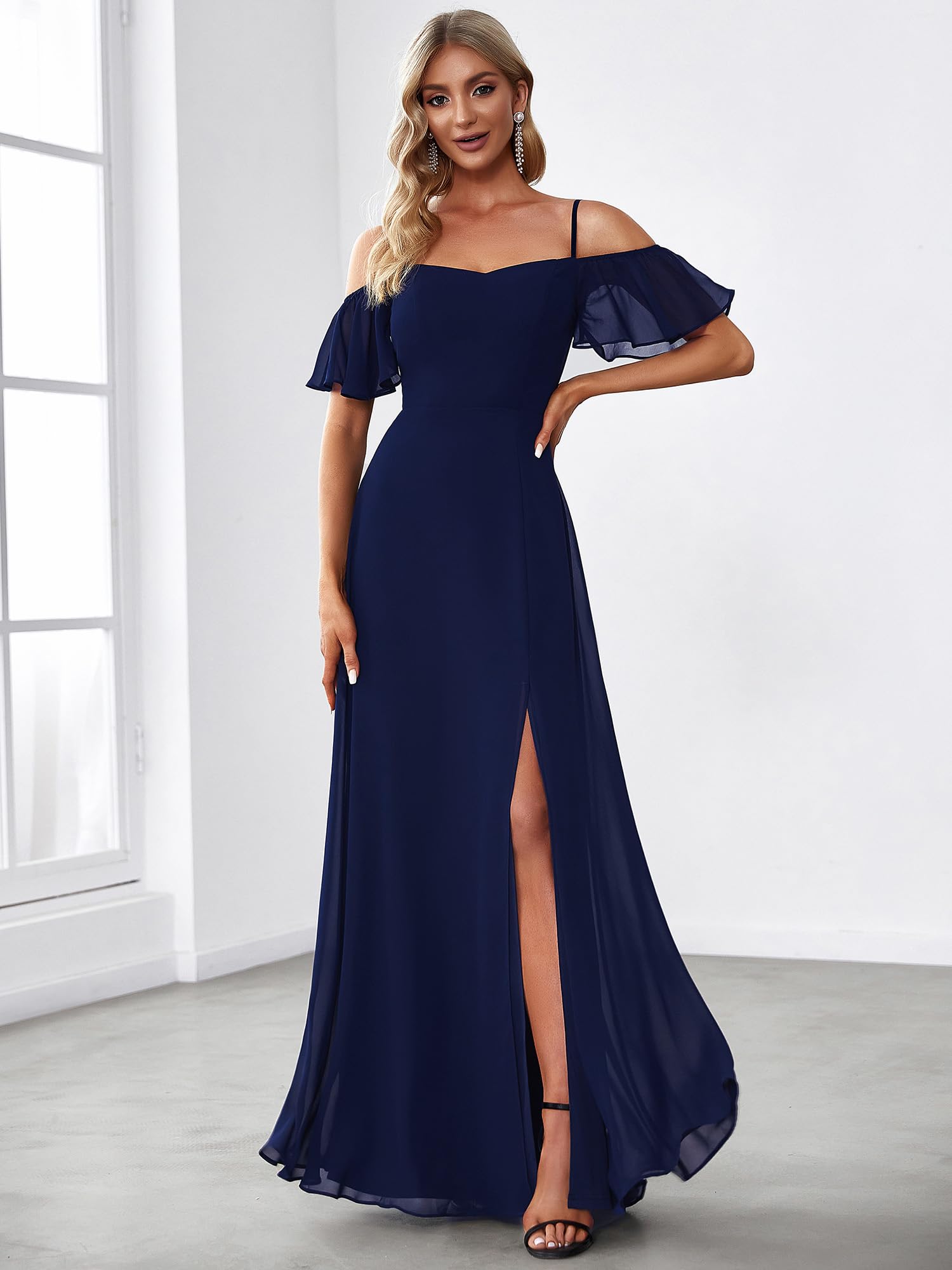 Ever-Pretty Abiti da Damigella d'Onore Lunghi in Chiffon con dalla Spalla in Stile Impero a Maniche Corte da Donna con Spacco Laterale ES00237