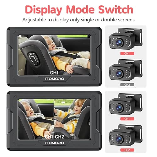 Miniatura 5 de Itomoro Cámara de coche para bebé HD 1080P con pantalla de doble canal con 2 cámaras de visión nocturna IR, fácil de instalar cámara de coche de 4.3