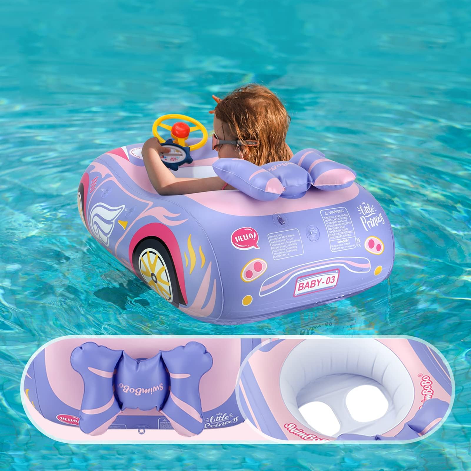Baby Pool Float with 3D Car Design, PVC Baby Swim Float, Toddler Pool Float, Swimming Floats Seat Boat Pool Toys with Steering Wheel for 12-18, 12-24 Months, Age 2-3, 3+ Years Girl Boy