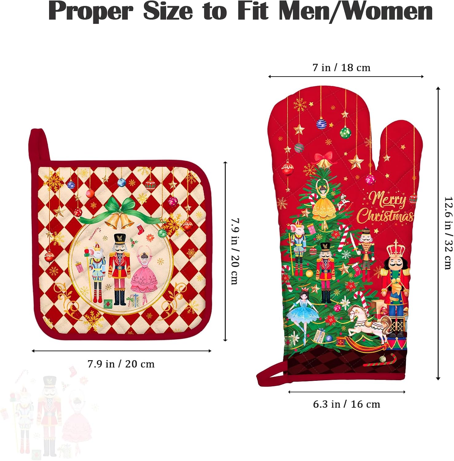 Christmas Tree Nutcracker Oven Mitts and Pot Holders Sets 4Pcs, 100% Cotton Heat Resistant, Extra Long Oven Gloves Potholder for Kitchen Cooking Baking Decoration