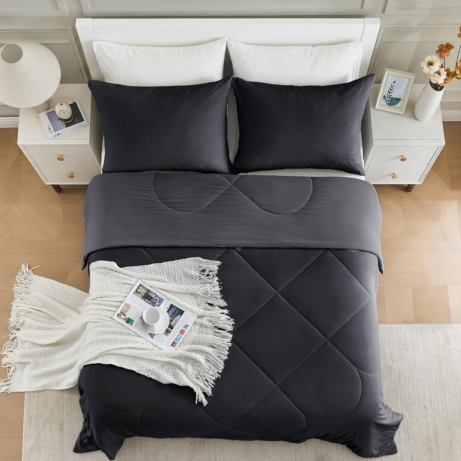 HOMFINE Cooling Comforter Queen Size, Black Summer Cooling Blanket for Hot Sleepers and Night Sweats, Japanese Double-Sided Cold Tech Fabric Q-Max 0.45, Soft Breathable Silky Smooth Lightweight