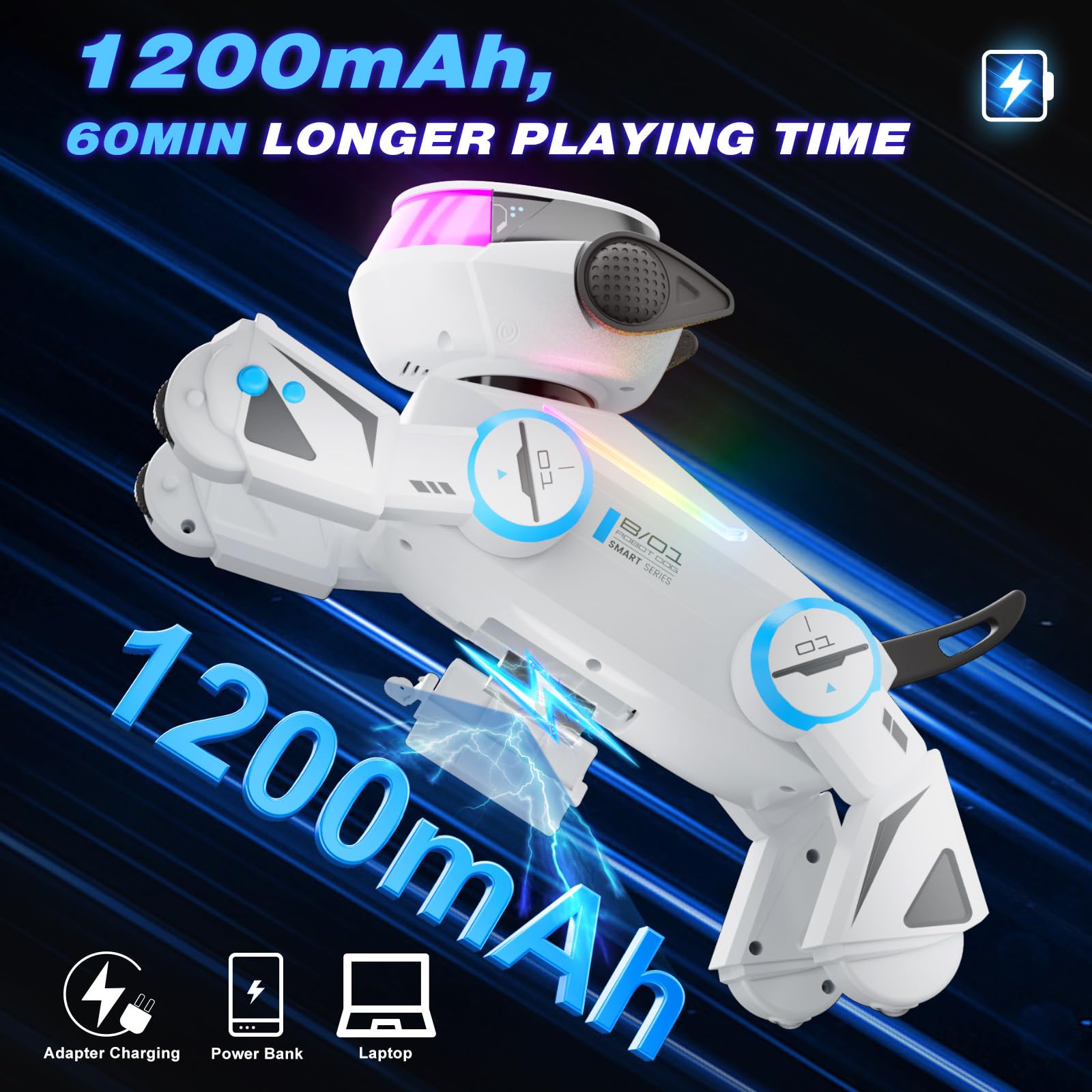 VATOS Bluetooth Chien Robot pour Enfants,Chien Robot Interactif Programmable avec Yeux LED Multicolores,Chienrobot Rechargeable Chantant et Dansant avec Télécommande pour Garçons et Filles,Blanc