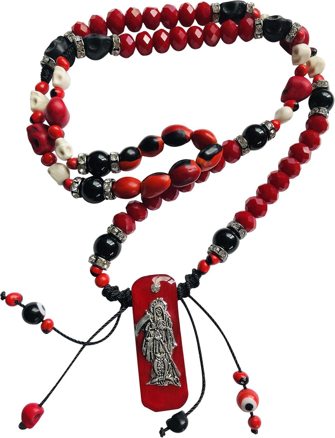 Santuario Jewelry Santa Muerte Necklace Skull and Red/Black Beads Handmade Rosary Pendant