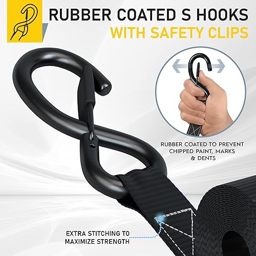 Miniatura 3 de AUGO Correas de amarre de trinquete, 2 unidades, 15 pies, resistencia a la rotura de 2,200 libras, ganchos en S de bloqueo de seguridad, para mover