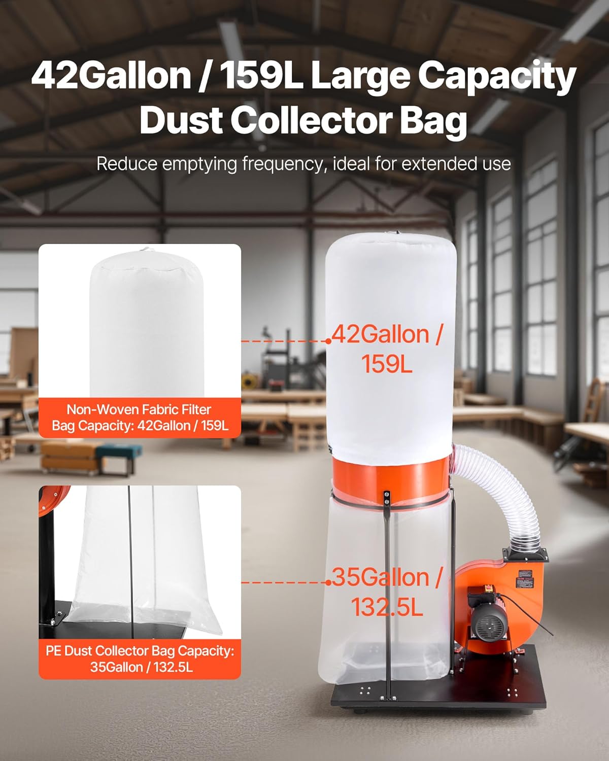 VEVOR Dust Collector, 1200 CFM 2.5 Micron Vortex Cone Dust Collectors, 2.0HP Sawdust Collection System with 35-Gallon Dusts Collector Bag & 42-Gallon Filter Bag, 3400 RPM High Speed, for Wood Chips