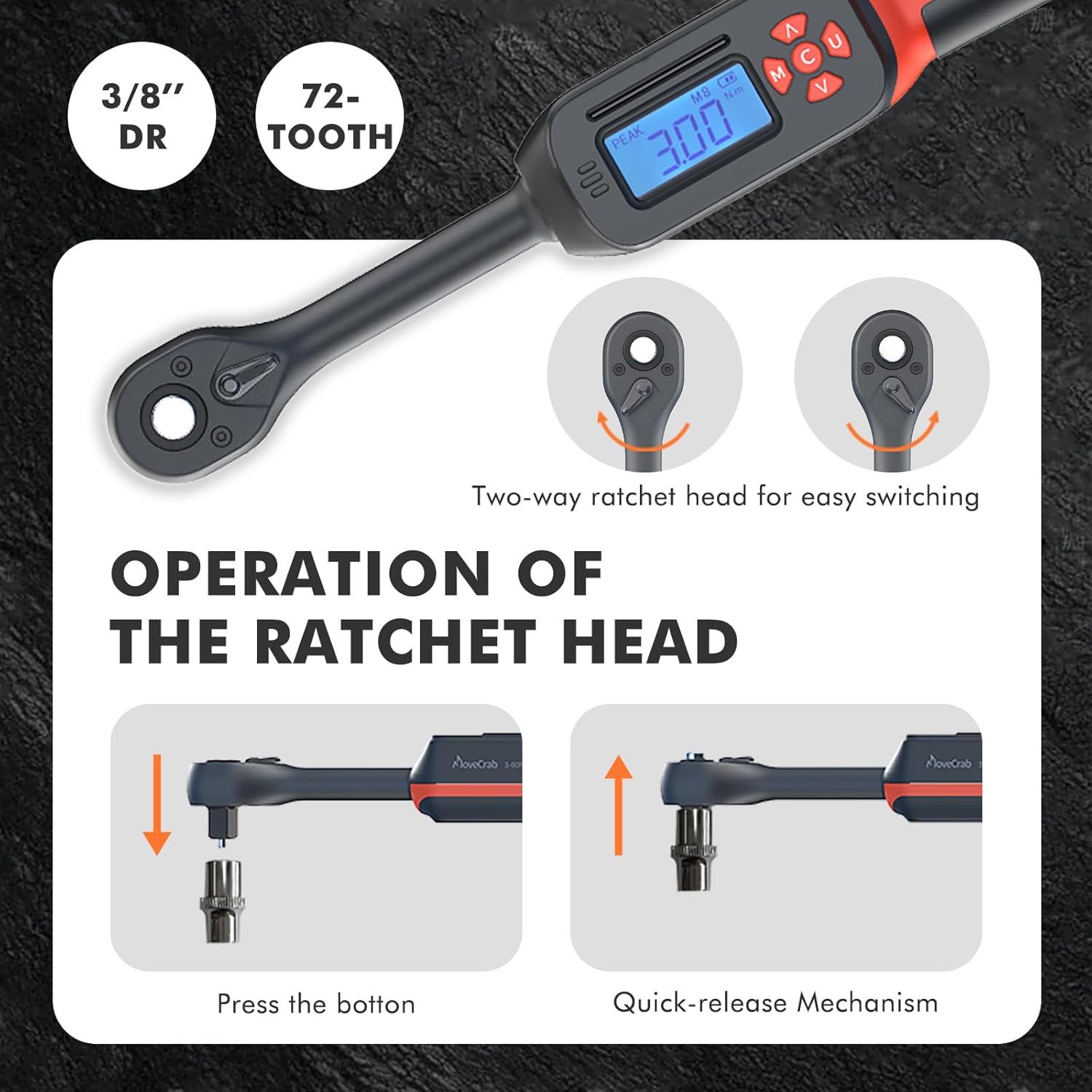 Step-by-step visual guide on how to set the Peak Mode on the MOVECRAB Digital Torque Wrench.