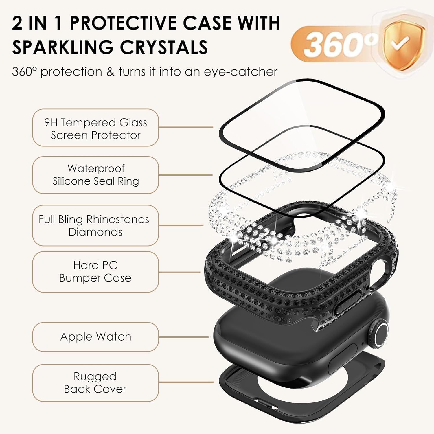 WINGLE 2-in-1 Waterproof Bling Case for Apple Watch 44mm Screen Protector Case SE 3/2/1 Series 6 5 4, Diamond Protective Face Cover Apple Watch 44 mm iWatch Crystal Rhinestone Bumper Women, Black - Image 3