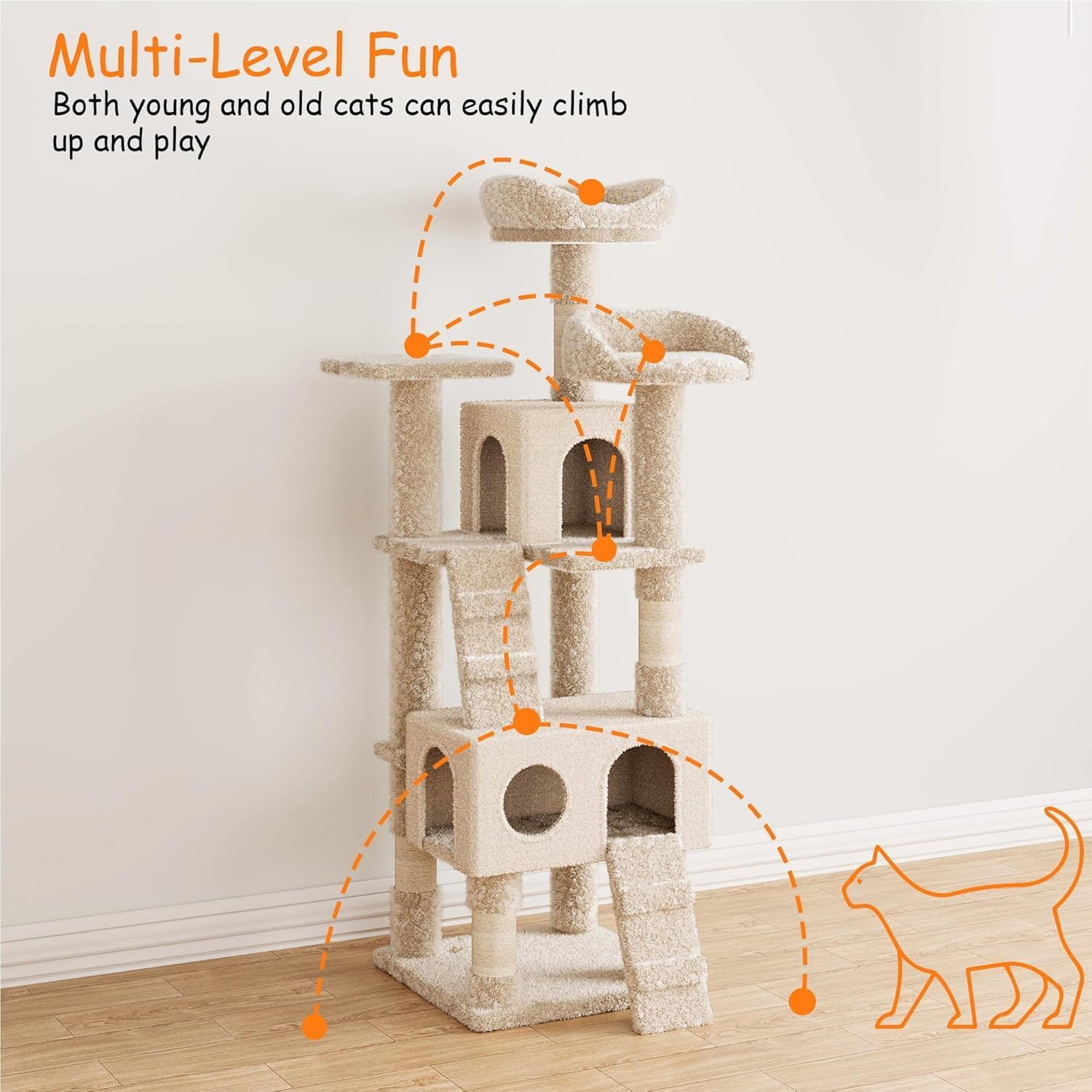 63 Inches Multi-Level Cat Tree Tower with Condo, Plush Perches, Scratching Posts, Hammocks, and Play House, Beige