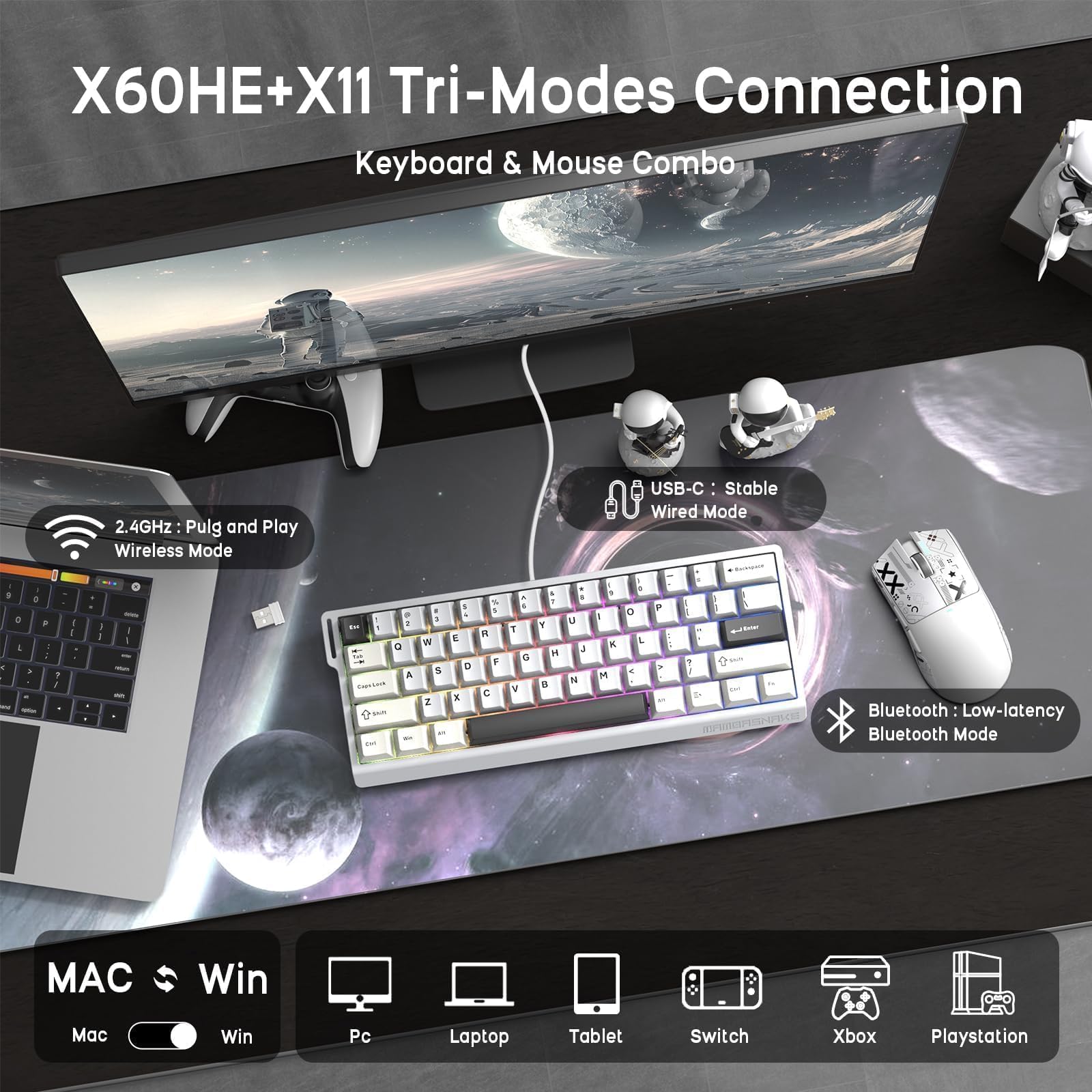 ATTACK SHARK x MAMBASNAKE X60HE Magnetische Tastatur mit X11 Gaming-Maus, kabelloses Tastatur- und Maus-Set, BT/2.4G/USB-C, Rapid Trigger, 8K Polling-Rate, PAW3311, 22000 DPI, ultraleichte Maus–Weiß