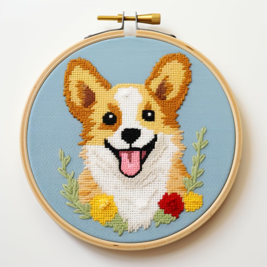 Cute Corgi Dog DIY Stamped Cross Stitch Kits Easy for Beginners and Children with Hoop 11CT Needlepoint Counted Embroidery Kits Art Craft Wall Decoration 12x12inch(1)
