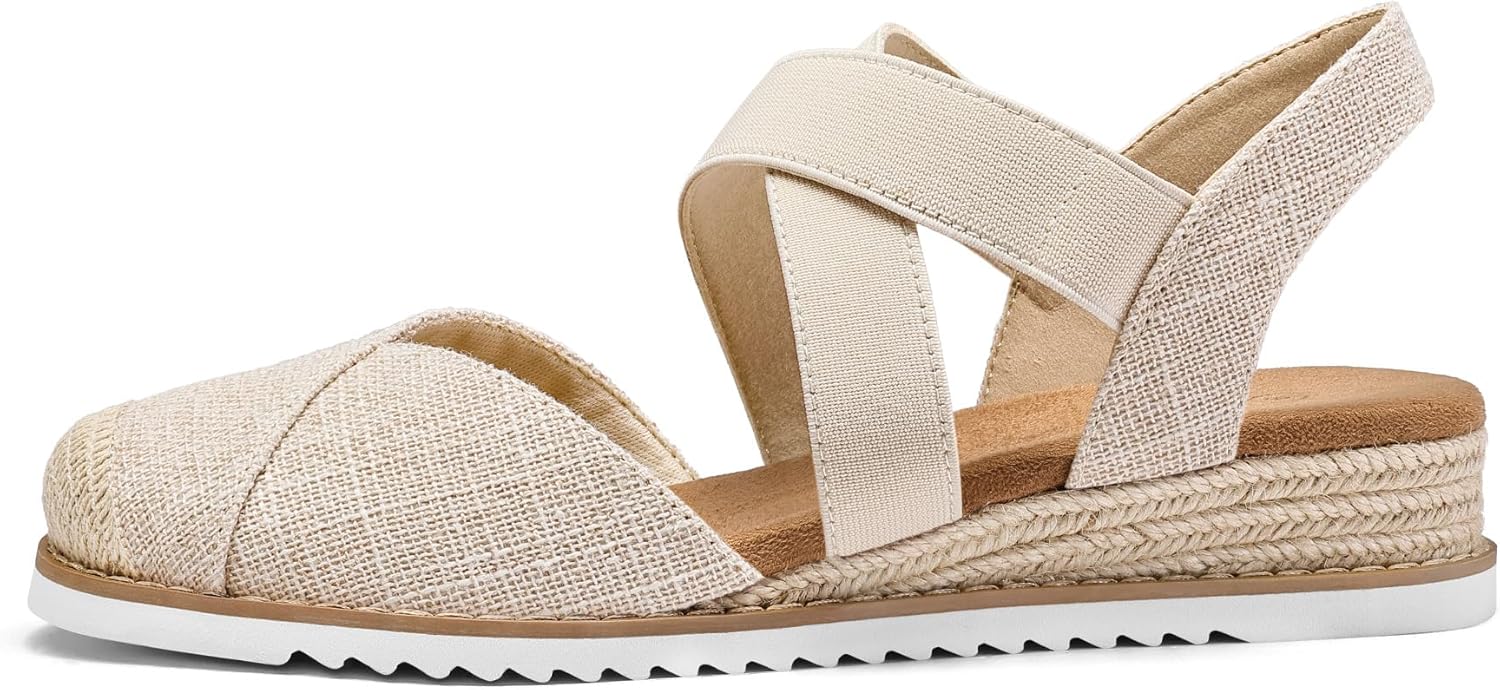 mysoft Womens Wedge Sandals Low Heel Comfortable Closed Toe Espadrilles Slip-on Elastic Ankle Strap Walking Shoes