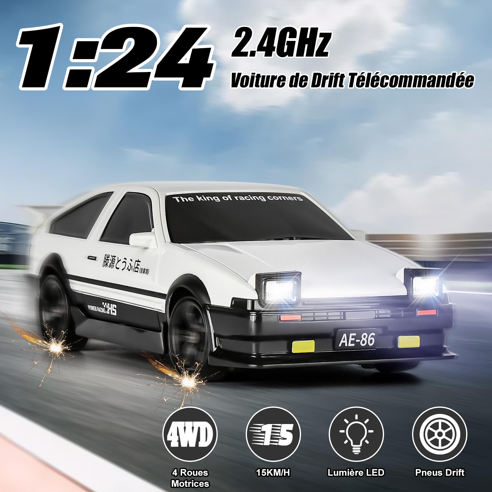 BuzzoXerex Voiture Télécommandée Drift, 1:24 Mini RC Drift Car, 4WD Dérive Voiture, Mini Voiture Télécommandée avec Lumière LED, Cadeau de Voiture Jouet pour Les Enfants de Plus de 6 Ans (Blanc)
