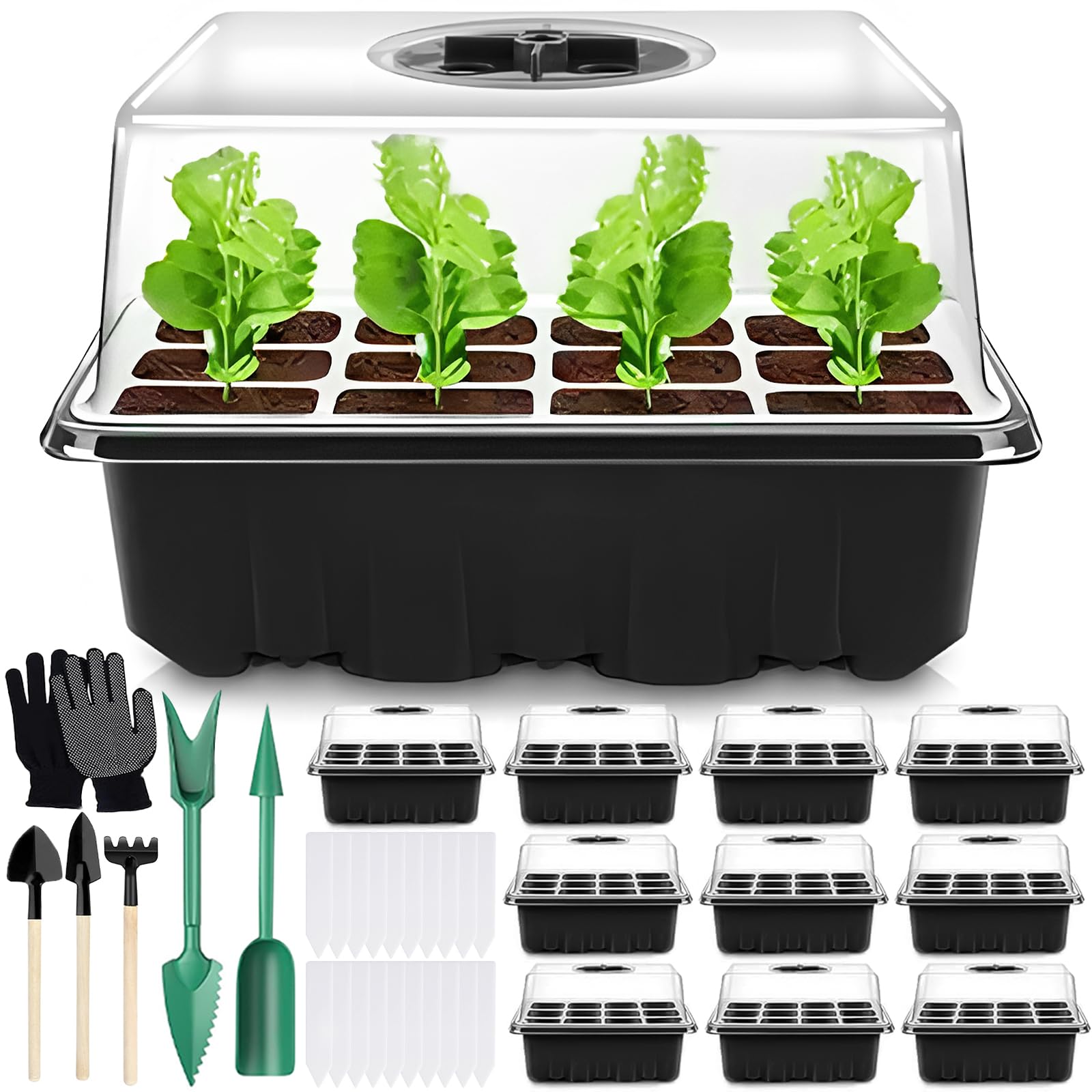 Vassoi per Semi,10 Pack 120 Cells Propagator, Vassoio Germinazione con coperchio,Vassoi Seminacon finestra regolabile,20 Etichette,3 Pale,2 Strumenti, Strumento di Coltivazione in Mini Serra
