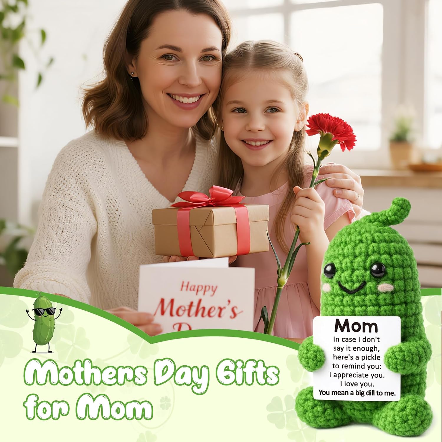 Jettryran Mothers Day Birthday Gifts for Mom from Daughter Son Handmade Positive Crochet Pickle “Big Dill”Gift for Mother in Law Stepmom Bonus First for New Mom I Love You Mama Small Decor