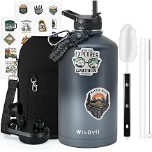 WixByti 1 Gallon Water Bottle with DIY Sticker, 3 Layers Vacuum Cold 48 Hours Leak Proof BPA Free 120 oz Large Sports Stainless Steel Water Jug with Paracord Handle Straw Spout Lid