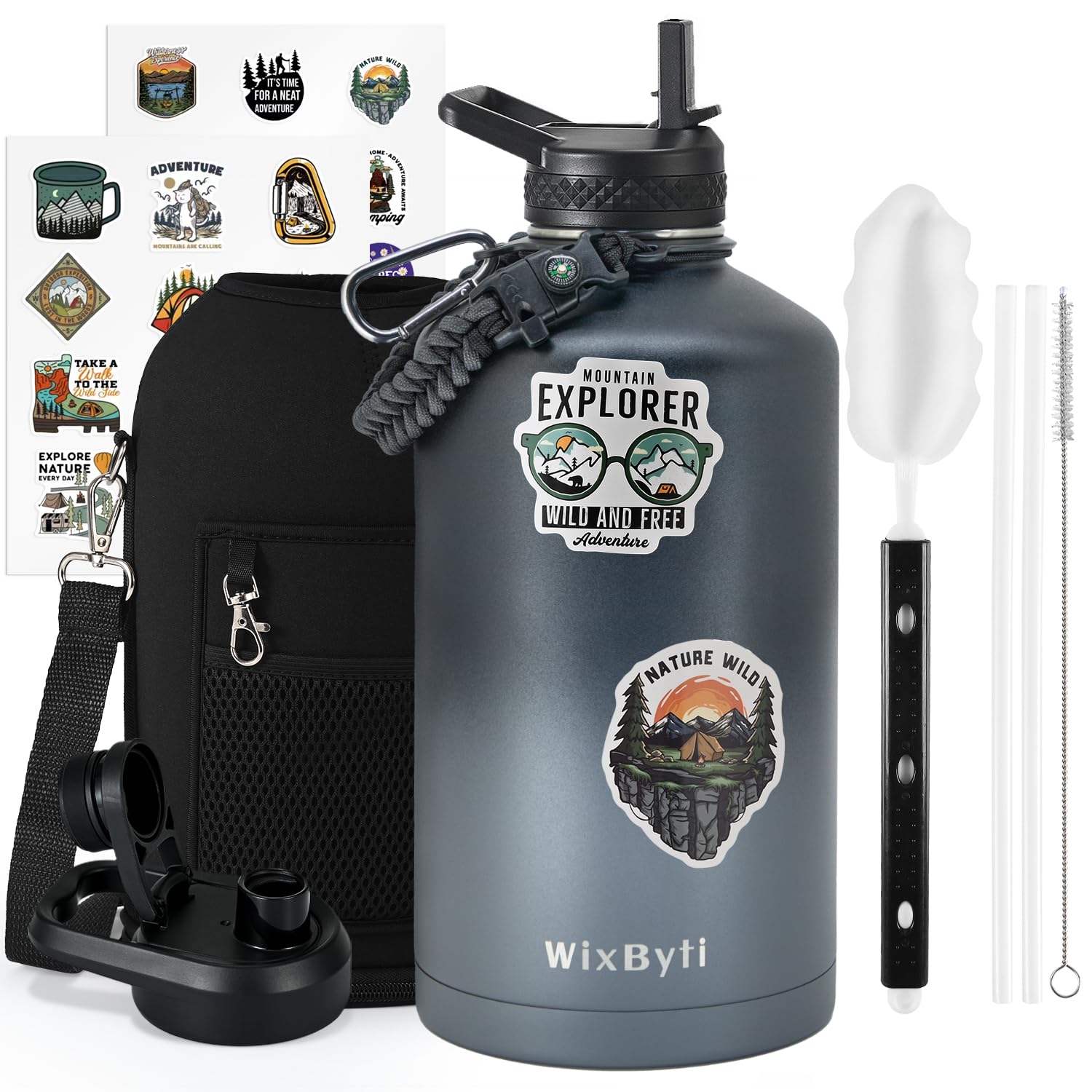 WixByti One Gallon Insulated Water Bottle, Stainless Steel 128oz Water Jug | (Cold 48 Hrs), Triple Wall Vacuum, Leak-proof & Non-BPA, Large Sports Water Bottle with Straw Spout Lids & Paracord Handle Black/Grey Gradient 128 Ounces
