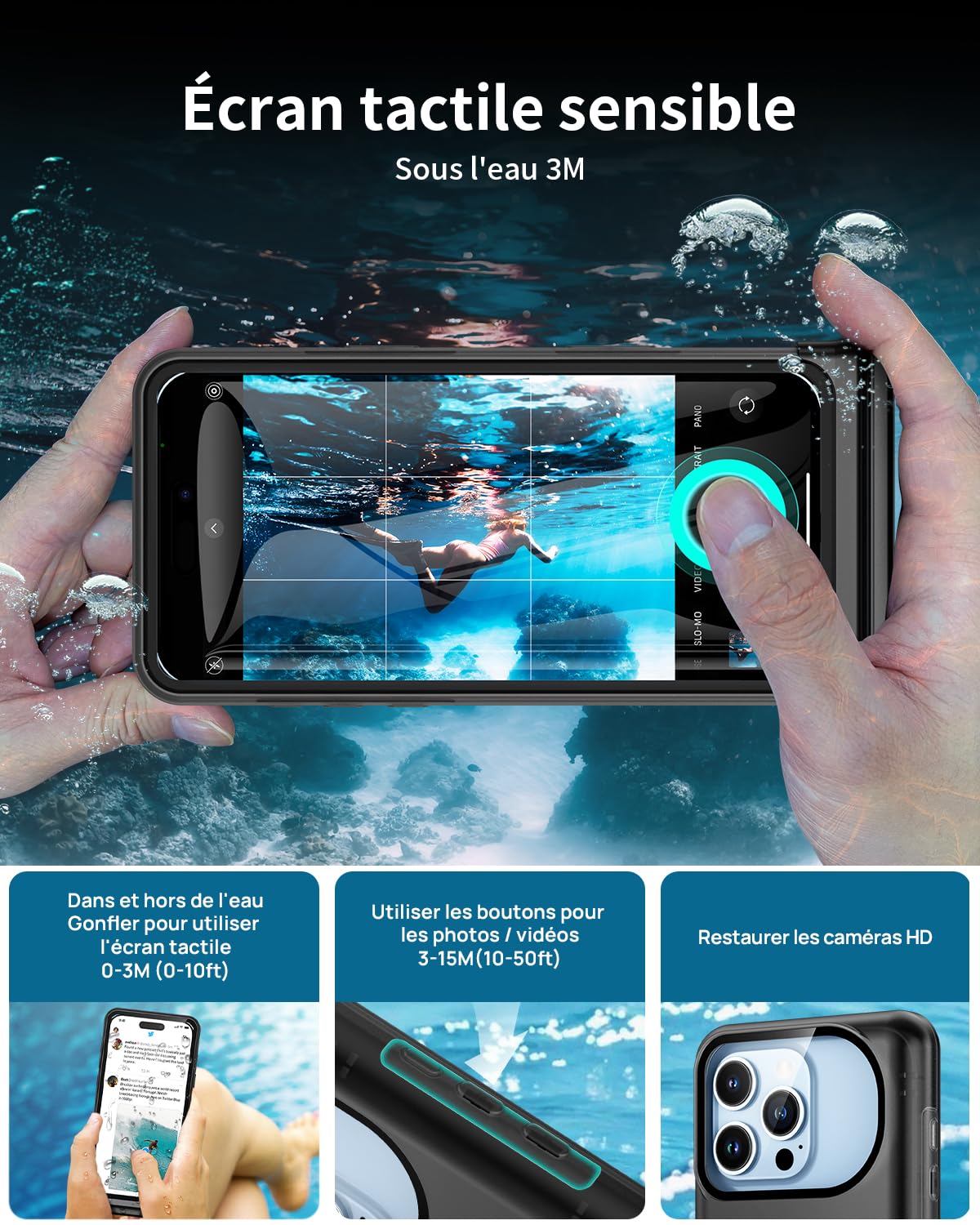 Lanhiem Coque Étanche 15M pour iPhone 16 Pro Max 16 Plus/15 Pro Max 15 Plus/14 ProMax 14 Plus/13 ProMax/12 ProMax, IPX8 Pochette Téléphone Étanche Plongée pour iPhone 12 à 16 (6.7-6.9''), Noir