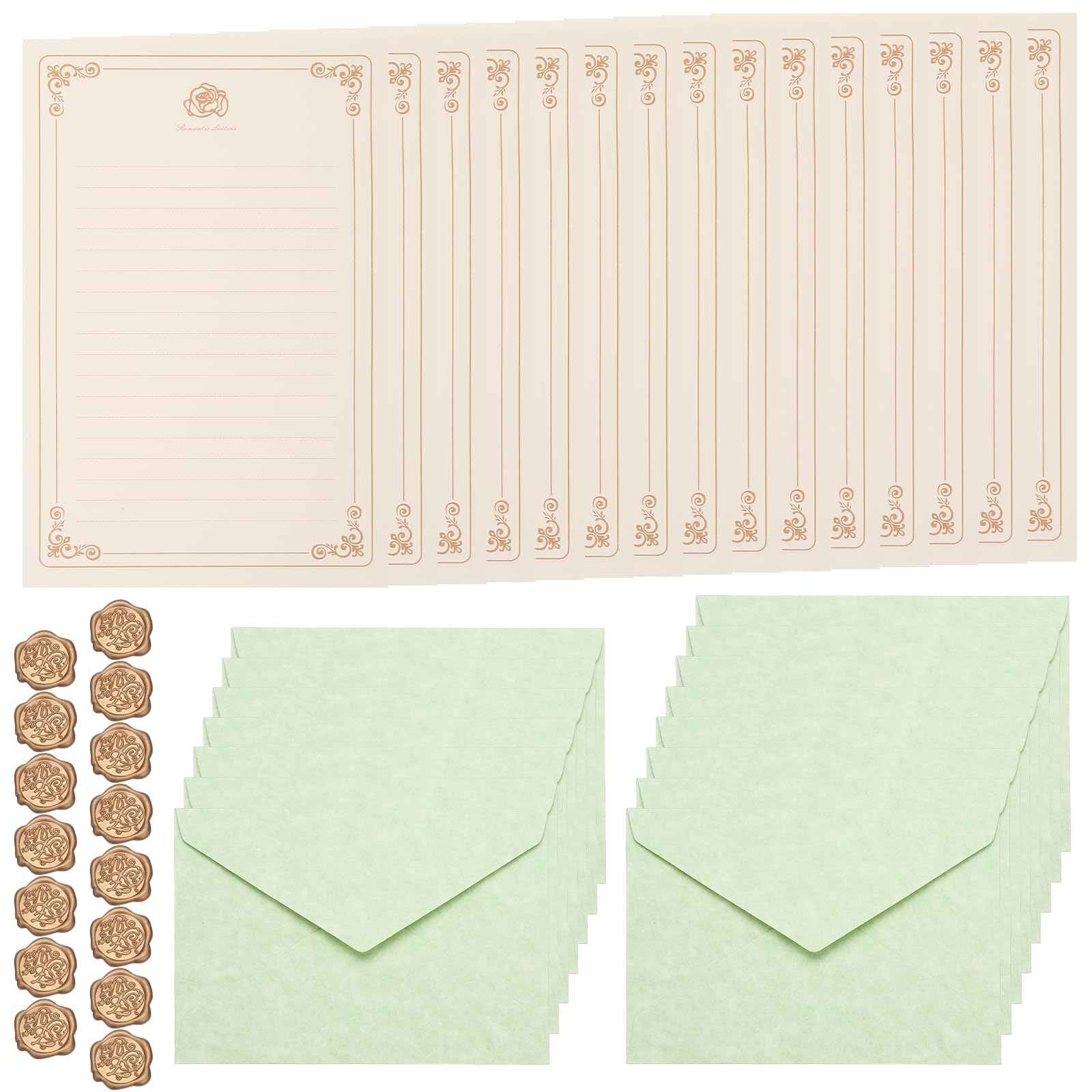 PATIKIL 15 Pack Colorful Business Envelopes, 4 x 6 Inch V Flap Parchment with A5 Paper and Sealing Wax Sticker Envelopes for Office Letter Mailing Checks Cards, Green