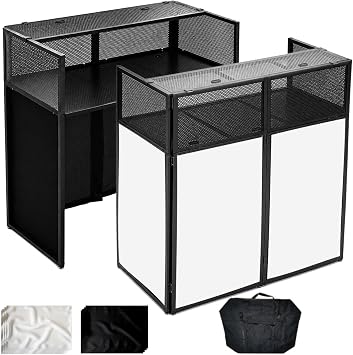 DJ Table Stand Portable Booth, 41" L x 20" W Heavy-Duty Metal Frame Foldable DJ Facade Booth With White & Black Scrim, 5 Cable Hole And Carry Bag, Adjustable Leveling Feet For Party, Clubs, Bars