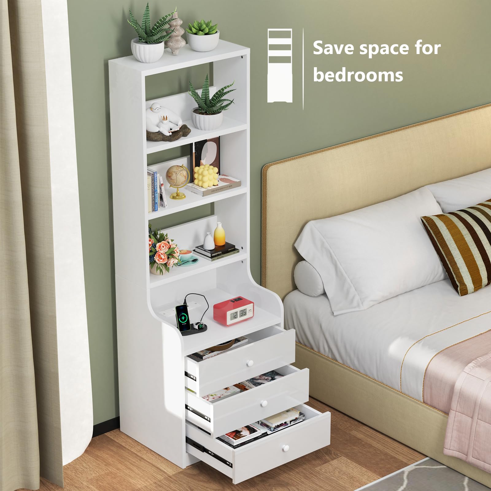PIPIPOXER Nachttisch Weiß 2er Set mit Steckdose & USB, Hochglanz mit 3 Schubladen, Modernes Möbelstück für Wohn- und Schlafzimmer, 40x50x176 cm