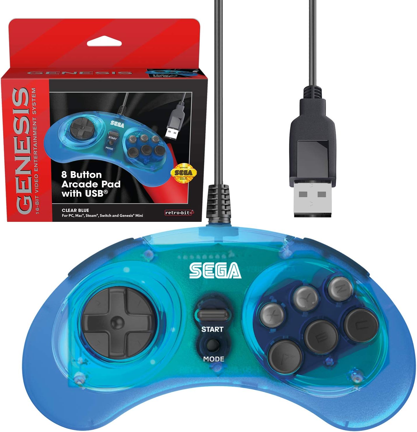 retri-bit SEGA メガドライブ 8ボタン アーケードUSBパッド クリアブルー