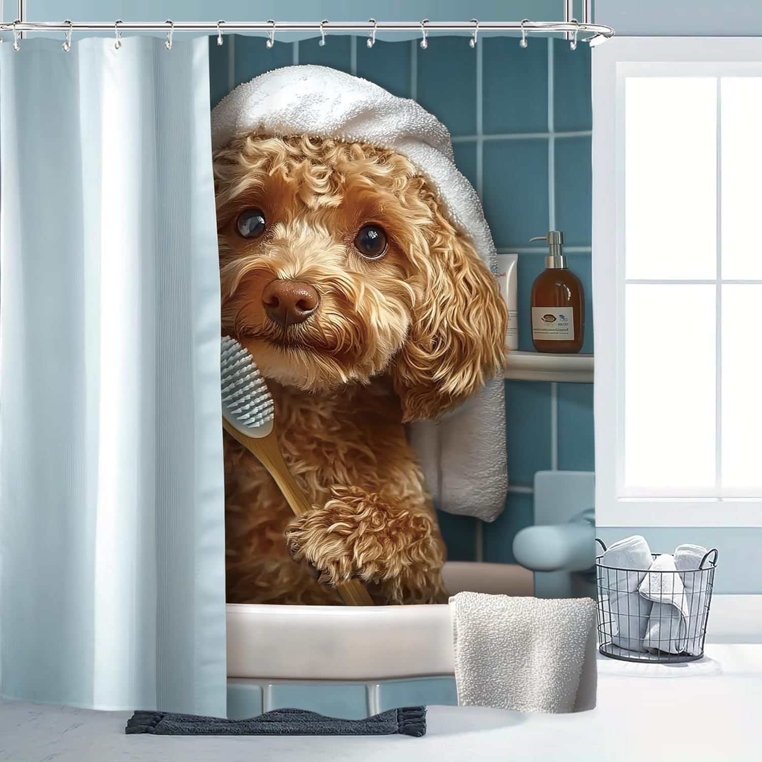 Miyotaa Funny Teddy Dog Cute Shower Curtain Set 60Wx71H