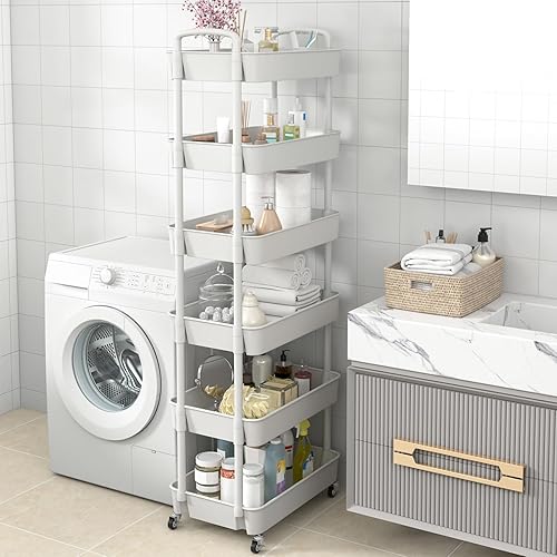 Miniatura 7 de Sywhitta - Carrito rodante de utilidad de plástico de 6 niveles con asa, carrito de almacenamiento multifuncional para oficina, sala de estar