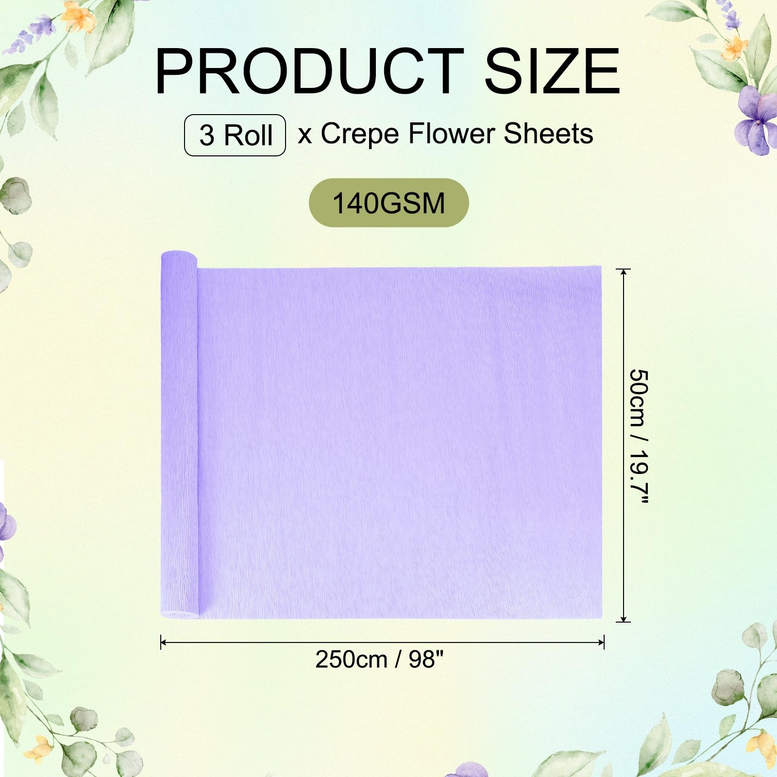 QUARKZMAN 3 Rouleaux De Papier Crêpe, 19 x 98 Pouces Large Feuilles Épaisses De Crêpe Guirlande Fleur Pour DIY Cadeau Emballage Fleur Artisanat Anniversaire Mariage, Violet Clair