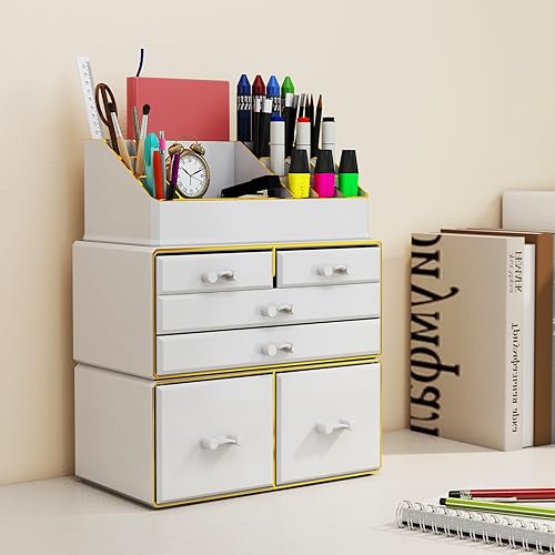 Miniatura 8 de Delamu Organizador de maquillaje de 3 niveles y 6 cajones para encimera, organizador de cosméticos para tocador y tocador, organizador de baño,