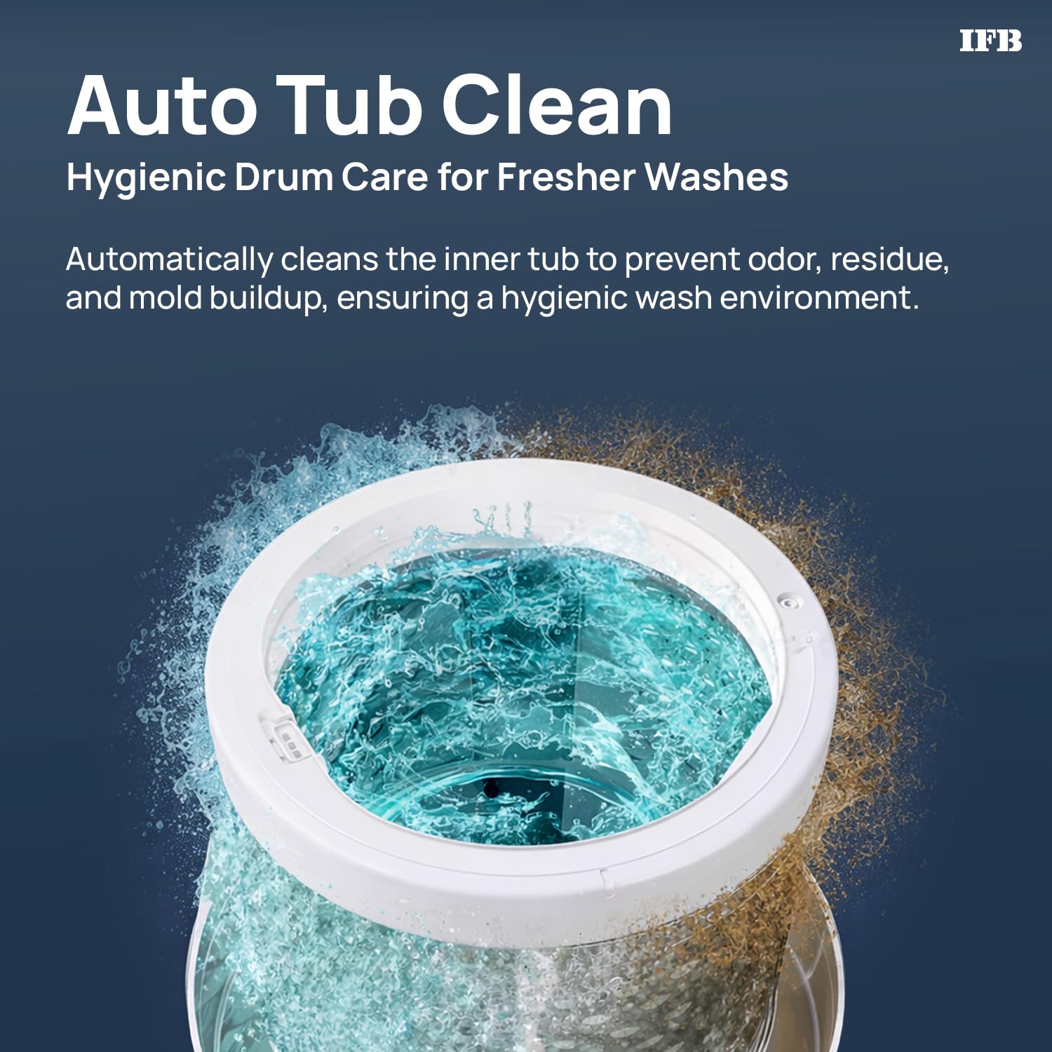 Animation showing the Auto Tub Clean feature cleaning the washing machine drum with water jets