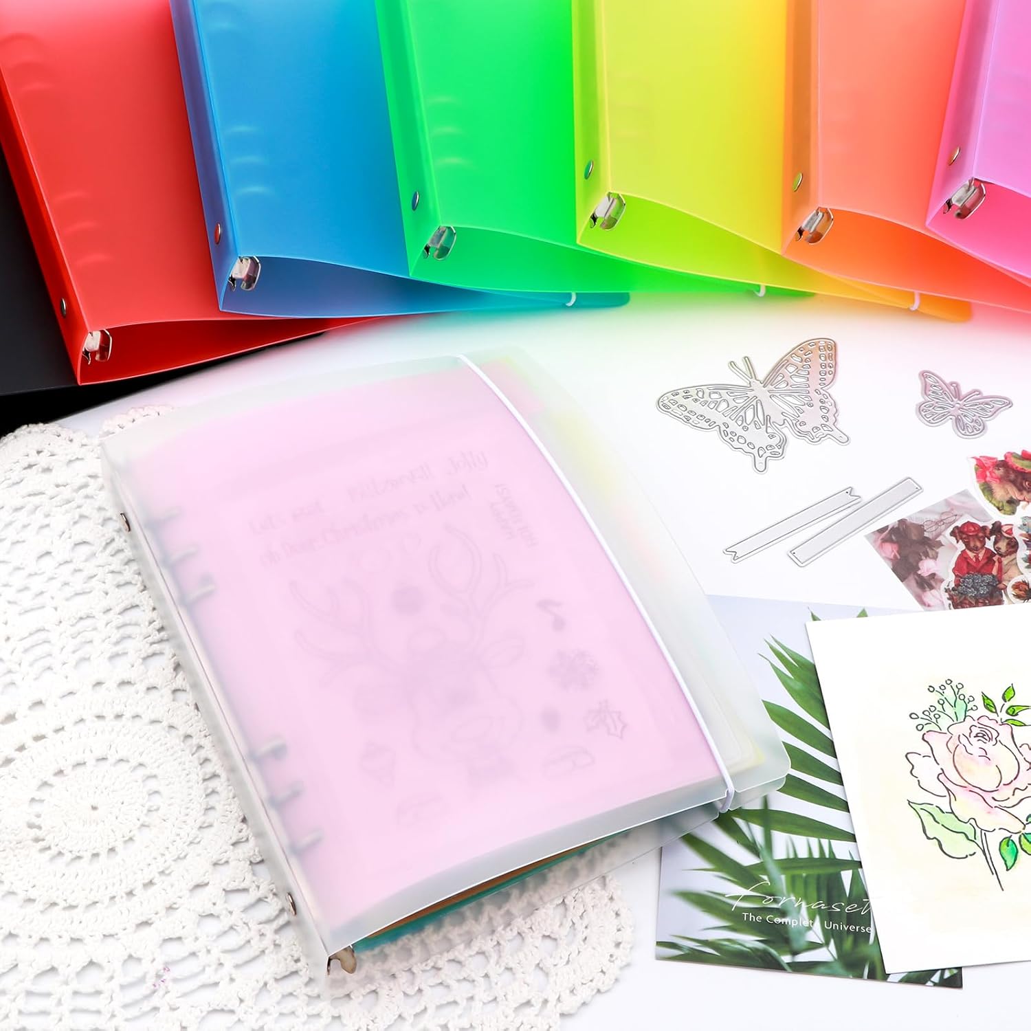 BAOFALI 8Pcs /Set A5 6 Ring Binder Cover Clean Transparent Soft PVC for Refillable Notebook Shell withMatte surfaceforStamp & Die Storage (8 Colors)