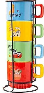 MECOWON 12 OZ Porcelain Stackable Mugs with Rack, Set of 4 Coffee Mugs for Coffee, Cocoa, Milk and Tea, Cat Patterns, Gift for Cozy, Holiday Gatherings - Buy now
