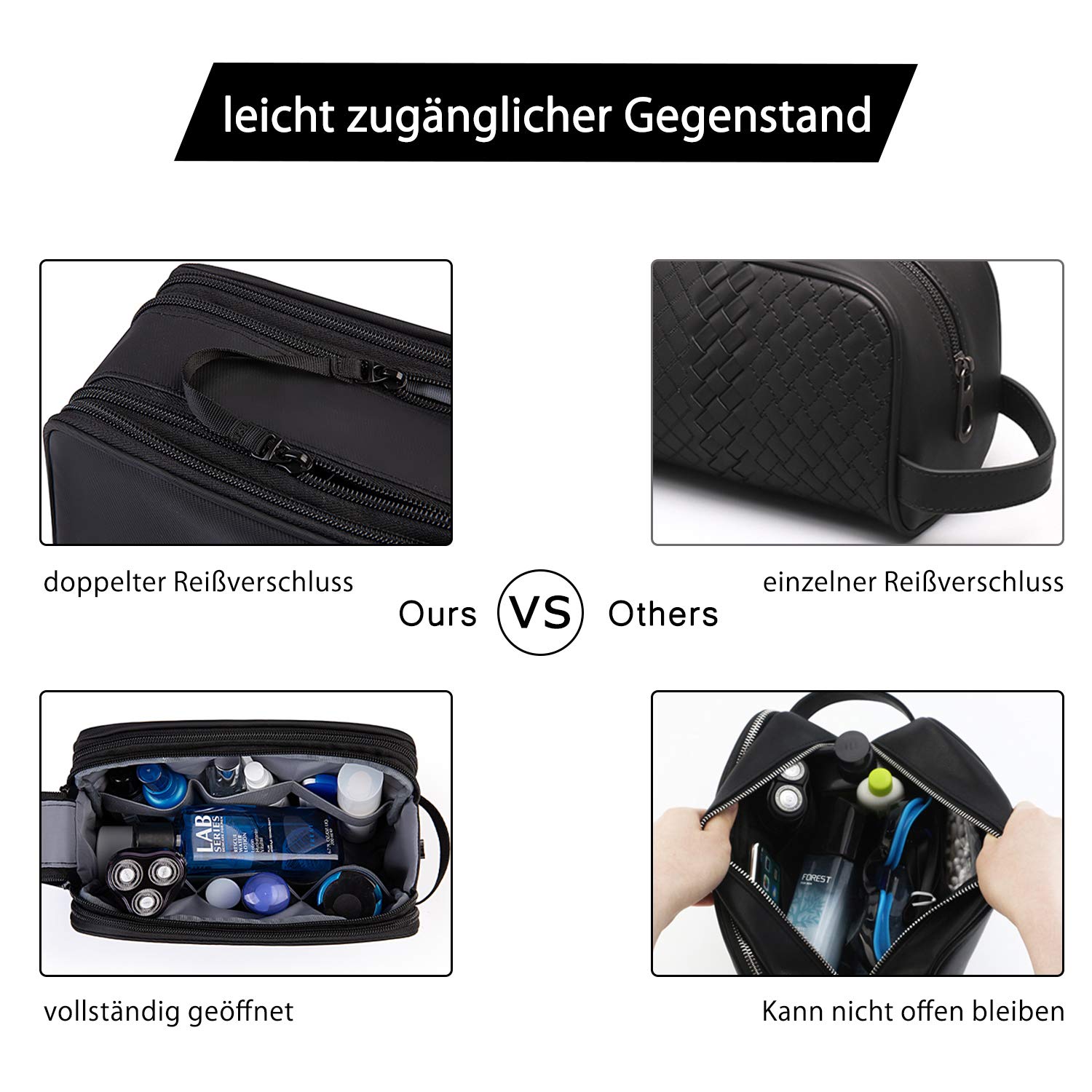 BAGSMART Kulturbeutel für Herren, Reise Kulturtasche Reisezubehör Kosmetiktasche mit Doppelter Reißverschlussöffnung Großer Stauraum, 5L-Schwarz