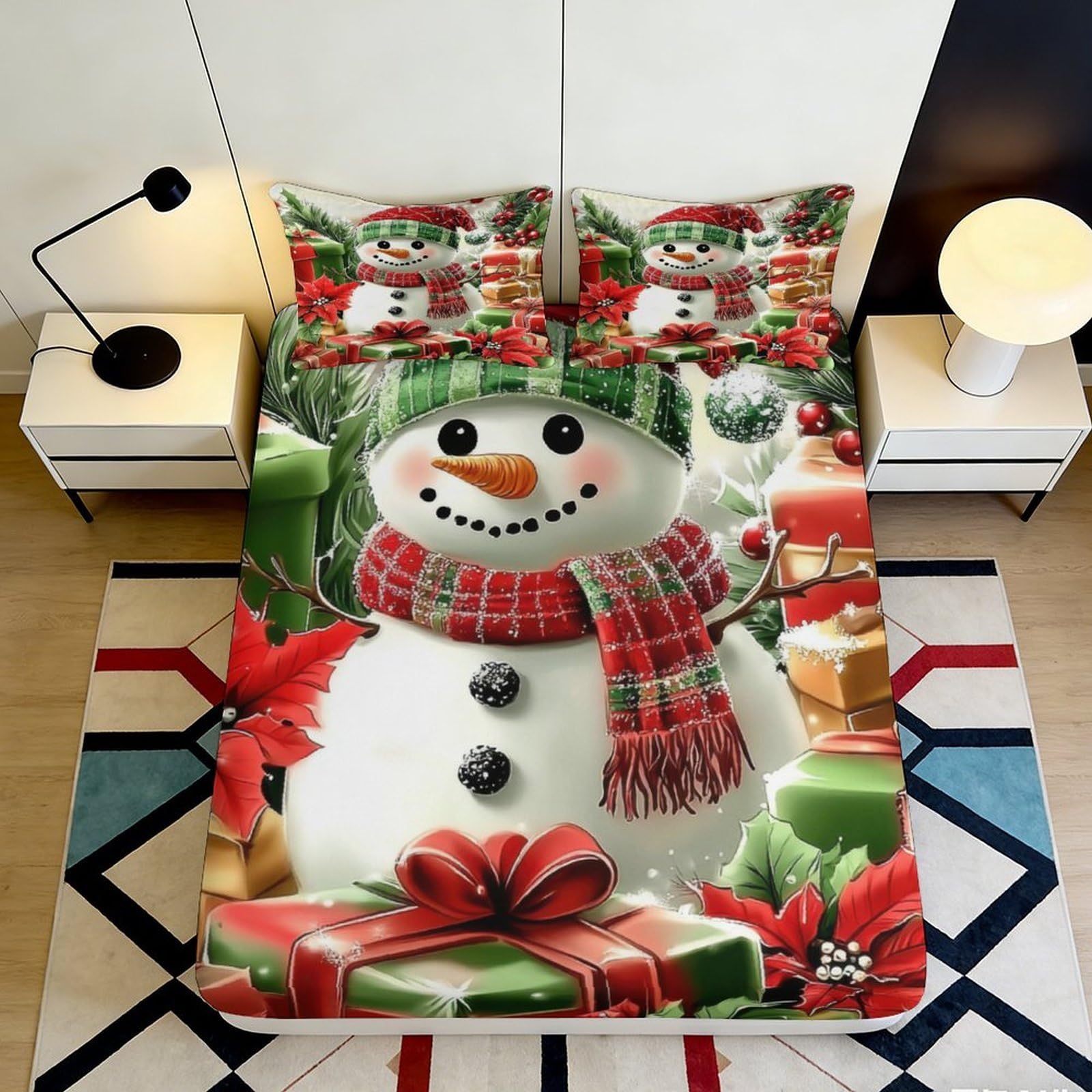 3D Printed Snowman Christmas Fitted Sheet Microfiber Soft Festive Gift Mattress Cover for Bedroom Guest Room Decor 90x200x25cm