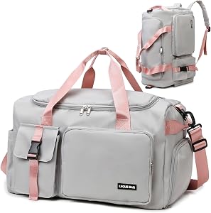 Eslcorri Gym Duffle Bag for Women, Travel Duffel Backpack with Shoe & Wet Compartment Carry on Overnight Luggage Bag (A, GreyPink)