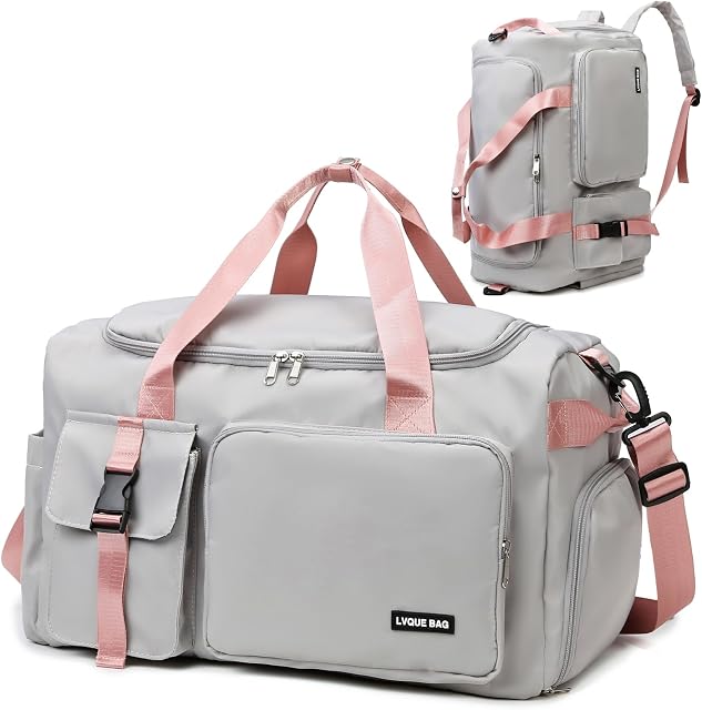Eslcorri Sac à Duffle pour femmes, Sac à Dos Duffel de voyage avec chaussure & Compartiment humide Transporter le sac à bagages de nuit (A, GreyPink)