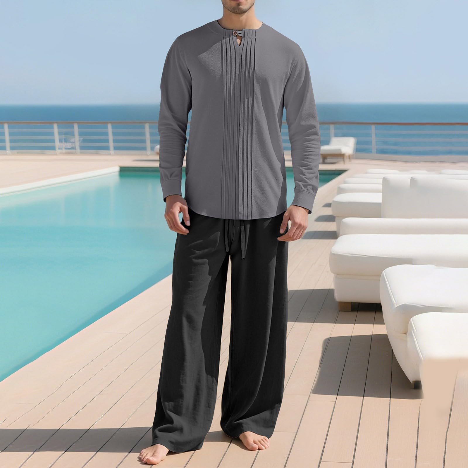 Camicetta Legere Uomo Cotone Camicia Sportiva Uomo Top Collo Mao Tinta unita Top Manica Lunga Chic E Confortevole Top Fluido Casual Top Vestibilità Larga Moda