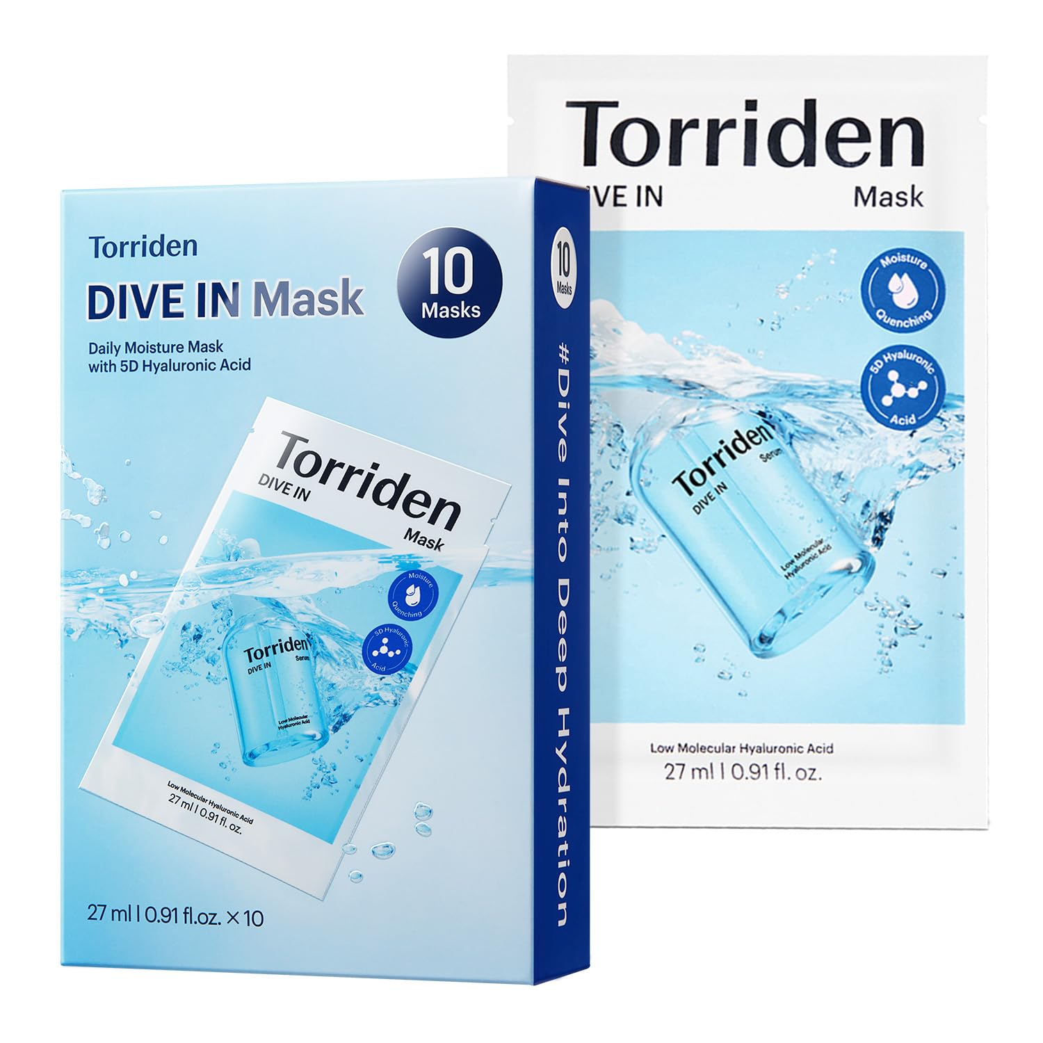 Torriden DIVE IN Hyaluronic Acid Facial Mask (10 sheets) | Deep Hydration Korean Face Sheet Mask | Panthenol & Allantoin | Korean Skincare Mask