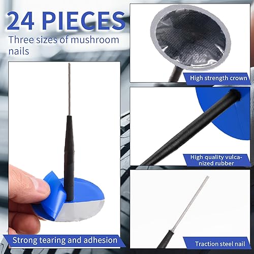 Miniatura 3 de Kit de tapones de reparación de neumáticos, con 3 tamaños de tapones de hongos, rodillo de parche de neumáticos, rueda de pulido, alicates de punta