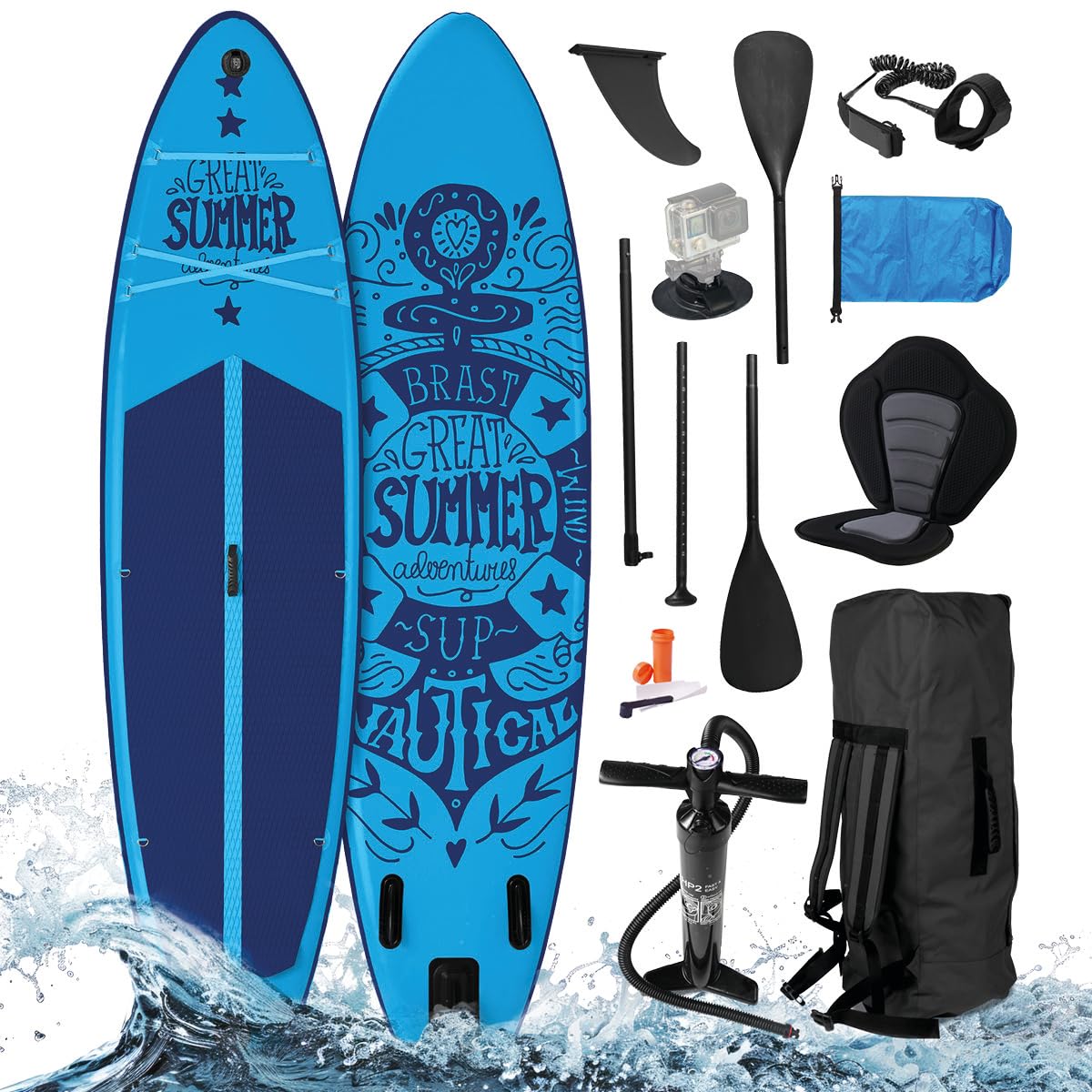 BRAST SUP Board Primo Summer | Aufblasbares Stand up Paddle Set | 320x81x15cm | 10 Designs | inkl. Zubehör | Alu Paddel Fußschlaufe Hub-Pumpe Reparatur-Kit